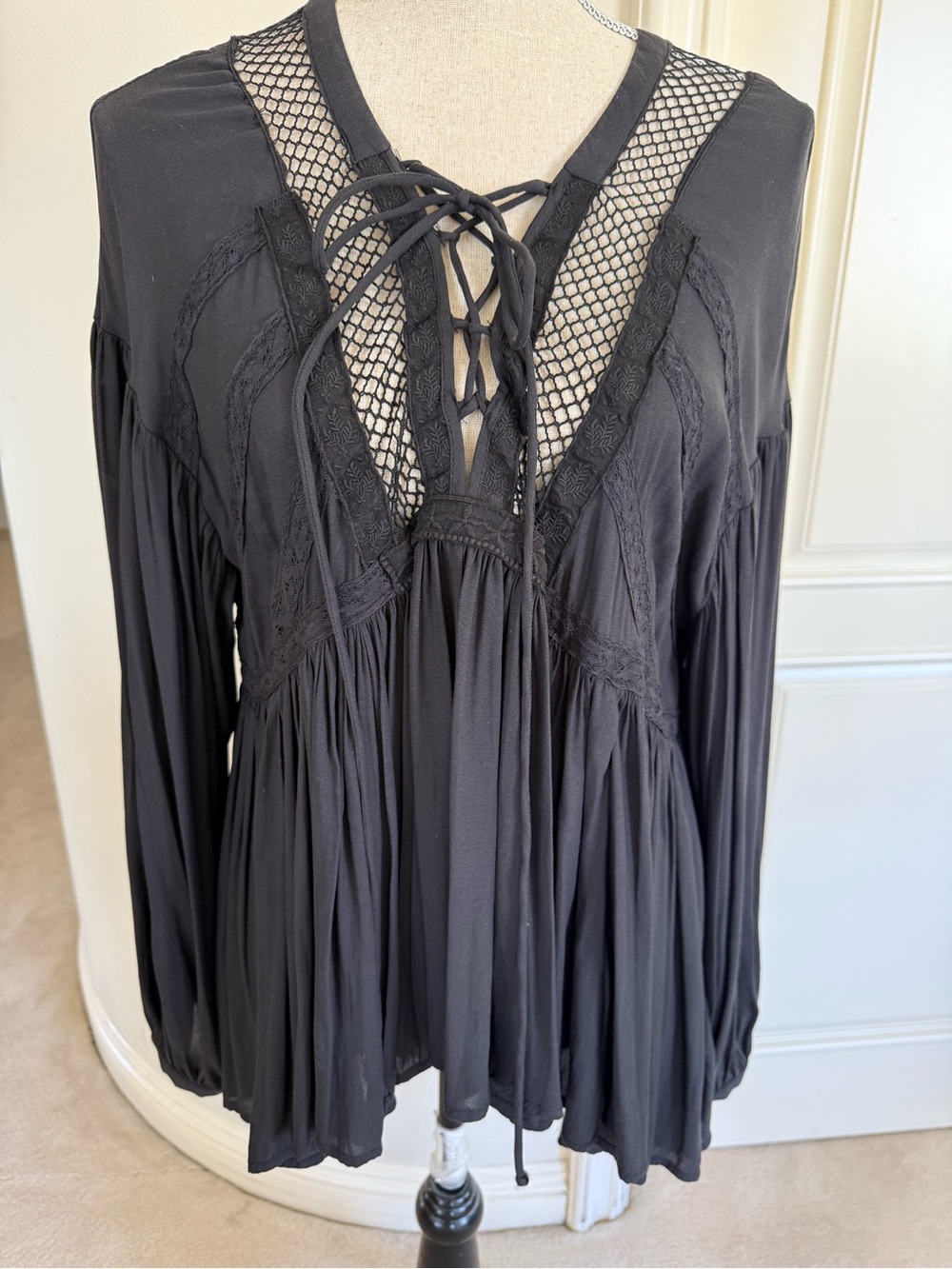 Free People Black Lace-Up Peasant Top